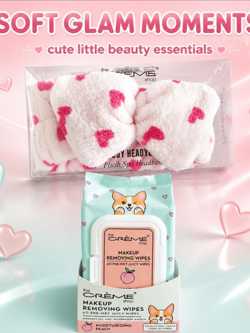 The Crème Shop Peach Makeup Removing Wipes & Pink Heart Plush Headband Set